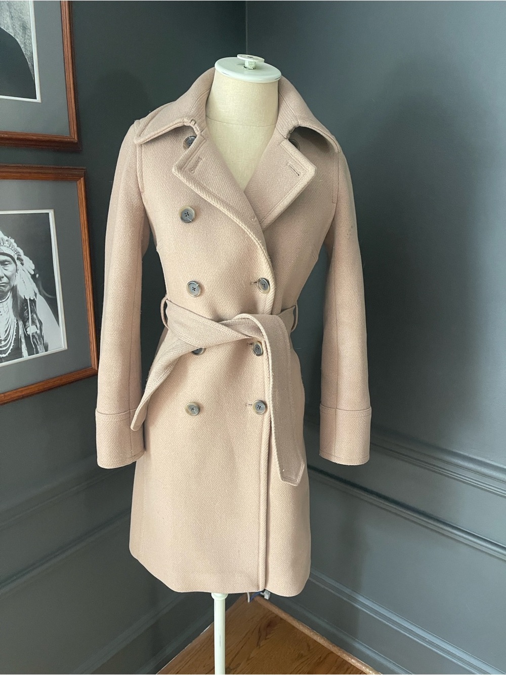 J. Crew Double-Breasted Belted camel color coat. Size 0.